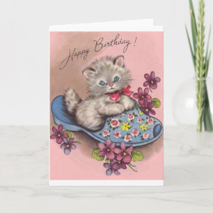 Vintage Kitten In Slipper Birthday Card