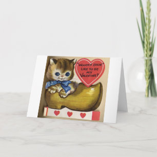 Vintage Kitten In Wooden Shoe Valentine's Day Card