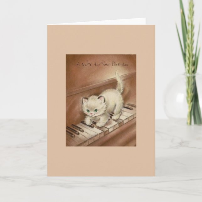 Vintage Kitten on Piano Birthday Greeting Card (Front)