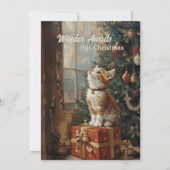 Vintage Kitten Tree Gifts Merry Christmas Holiday Card (Front)