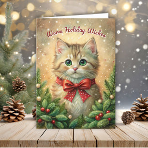 Vintage Kitten Warm Holiday Wishes Festive Card
