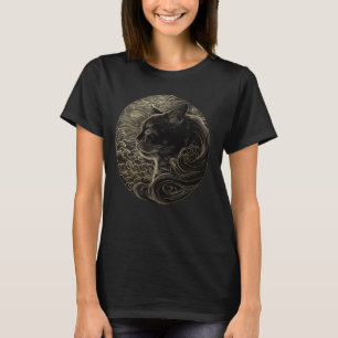 Vintage Kitten Wave Pattern Japanese Art Pet Cute T-Shirt