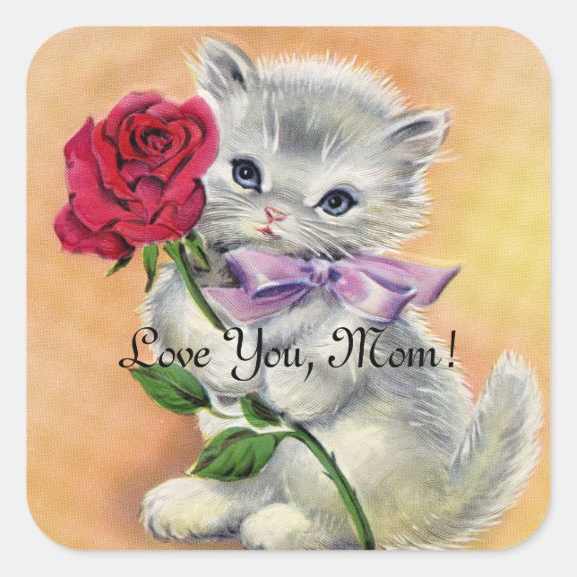 Vintage Kitten With Rose Square Sticker (Front)