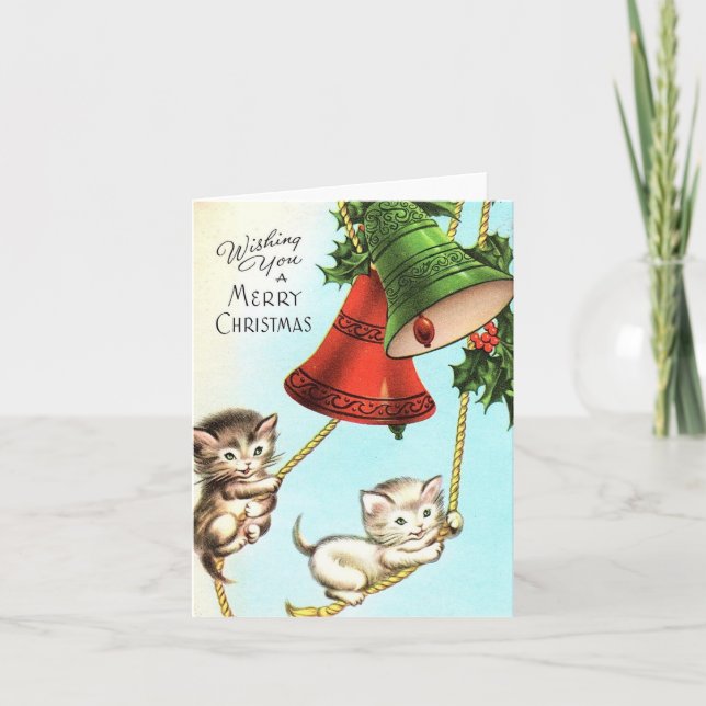 Vintage Kittens And Bells Christmas Card (Front)