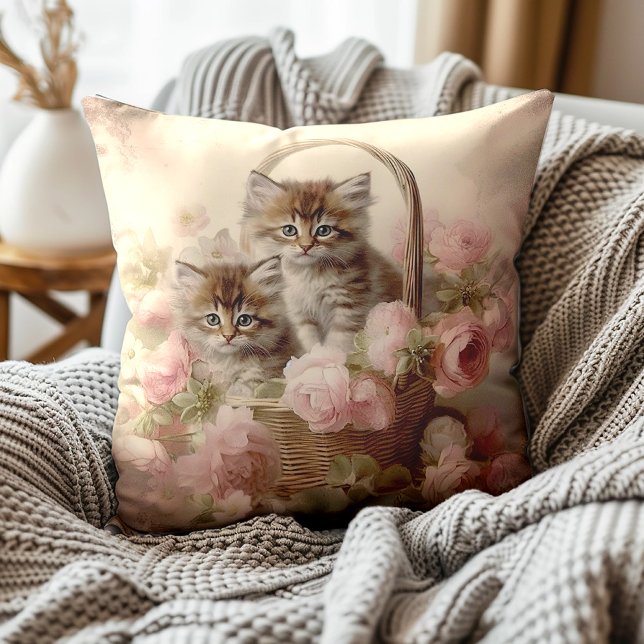 Vintage Kittens Basket Pink Floral Painting Cushion (Decorator pillow with two sweet kittens in a basket surrounded by blush pink floral.)