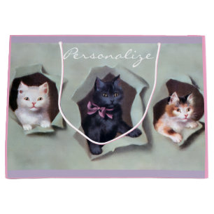 Vintage kittens breaking through gift wrap cute large gift bag