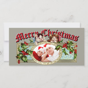 Vintage Kittens & Christmas Holly Berries Photo Holiday Card