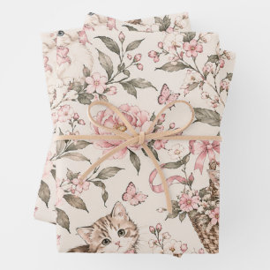 Vintage Kittens & Floral Garden Pattern Wrapping Paper Sheet