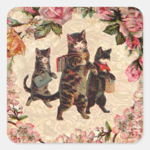 Vintage Kittens Going to School Print: Victorian Square Sticker