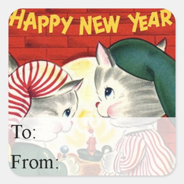 Vintage Kittens Happy New Year Gift Tag (Front)