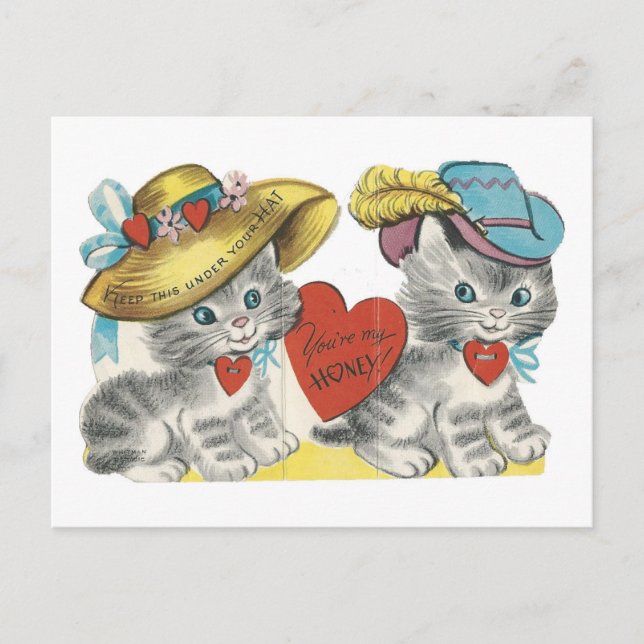 Vintage Kittens In Hats Valentine Copy Holiday Postcard (Front)
