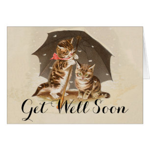 Vintage Kittens Under Umbrella Antique Cat art