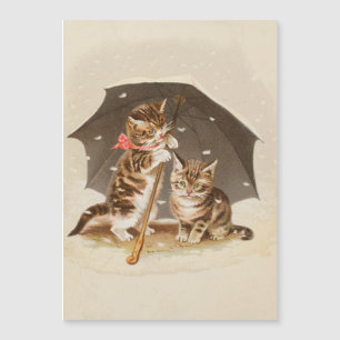 Vintage Kittens Under Umbrella Antique Cat art