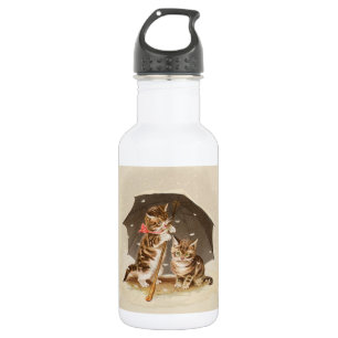 Vintage Kittens Under Umbrella Antique Cat art 532 Ml Water Bottle