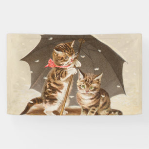 Vintage Kittens Under Umbrella Antique Cat art Banner