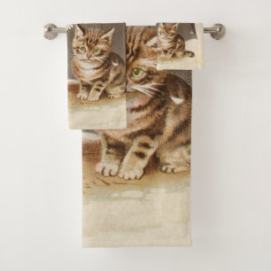 Vintage Kittens Under Umbrella Antique Cat art Bath Towel Set