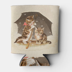 Vintage Kittens Under Umbrella Antique Cat art Can Cooler