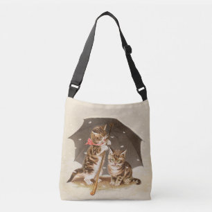 Vintage Kittens Under Umbrella Antique Cat art Crossbody Bag
