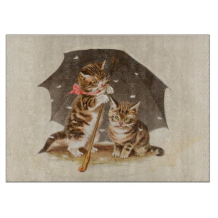 Vintage Kittens Under Umbrella Antique Cat art Cutting Board
