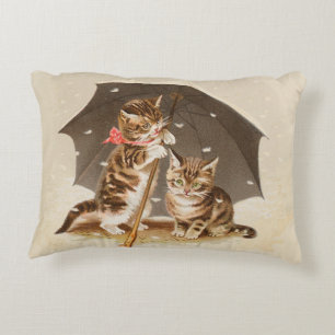 Vintage Kittens Under Umbrella Antique Cat art Decorative Cushion