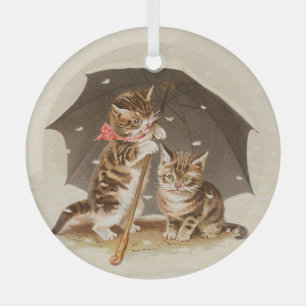 Vintage Kittens Under Umbrella Antique Cat art Glass Tree Decoration