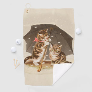 Vintage Kittens Under Umbrella Antique Cat art Golf Towel