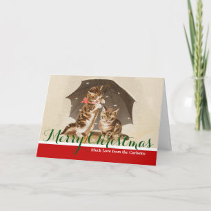 Vintage Kittens Under Umbrella Antique Cat art Holiday Card