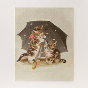 Vintage Kittens Under Umbrella Antique Cat art Jigsaw Puzzle