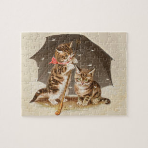 Vintage Kittens Under Umbrella Antique Cat art Jigsaw Puzzle