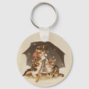 Vintage Kittens Under Umbrella Antique Cat art Key Ring