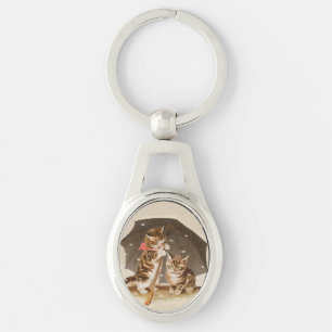 Vintage Kittens Under Umbrella Antique Cat art Key Ring