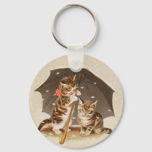 Vintage Kittens Under Umbrella Antique Cat art Key Ring