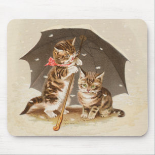 Vintage Kittens Under Umbrella Antique Cat art Mouse Mat