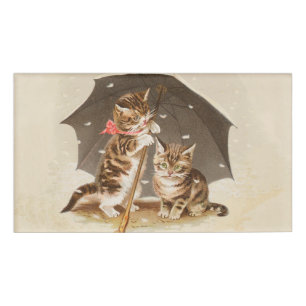 Vintage Kittens Under Umbrella Antique Cat art Name Tag