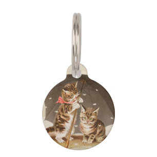 Vintage Kittens Under Umbrella Antique Cat art Pet Tag