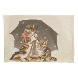 Vintage Kittens Under Umbrella Antique Cat art Pillowcase