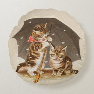 Vintage Kittens Under Umbrella Antique Cat art Round Cushion