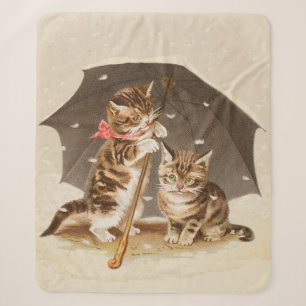 Vintage Kittens Under Umbrella Antique Cat art Sherpa Blanket