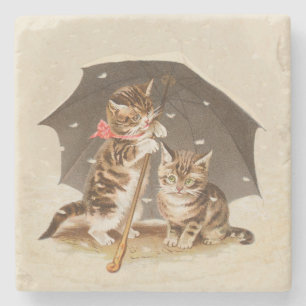 Vintage Kittens Under Umbrella Antique Cat art Stone Coaster