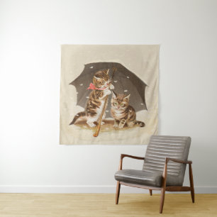 Vintage Kittens Under Umbrella Antique Cat art Tapestry