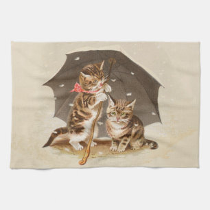 Vintage Kittens Under Umbrella Antique Cat art Tea Towel