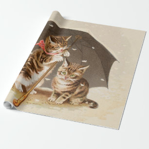 Vintage Kittens Under Umbrella Antique Cat art Wrapping Paper