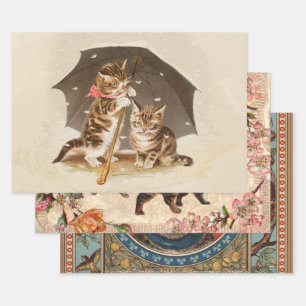 Vintage Kittens Under Umbrella Antique Cat art Wrapping Paper Sheet