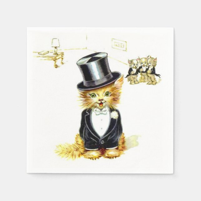 Vintage Kitty cat in a Top Hat Napkin (Front)