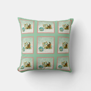 Vintage Kitty Cat in Mint Green and Pink Plaid Cushion
