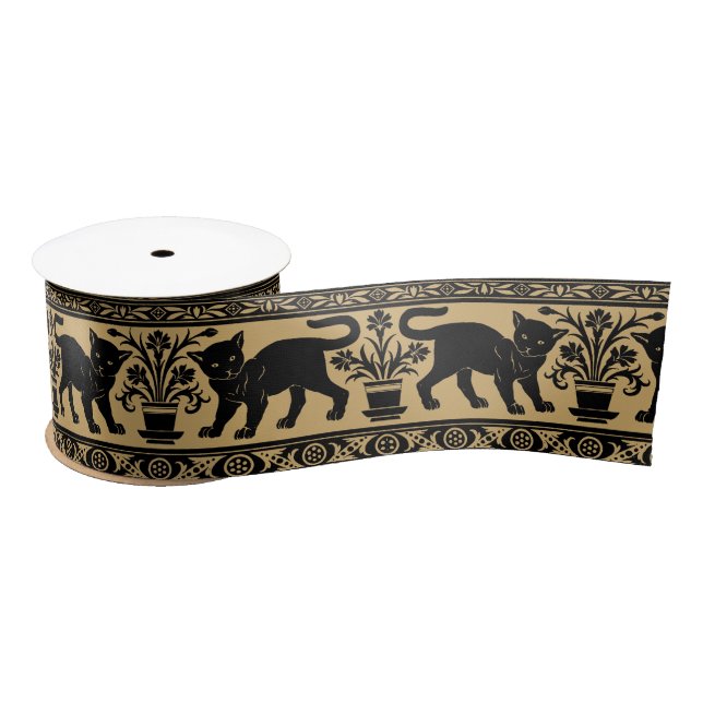 Vintage Kitty Cats & Flowers Frieze Pattern Satin  Ribbon (Spool)