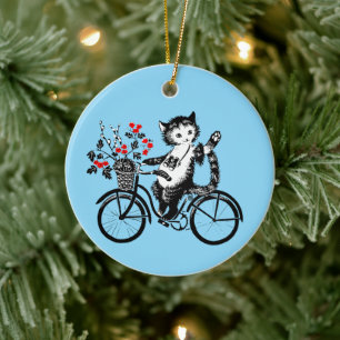Vintage Kitty Riding A Bicycle Ceramic Tree Decoration
