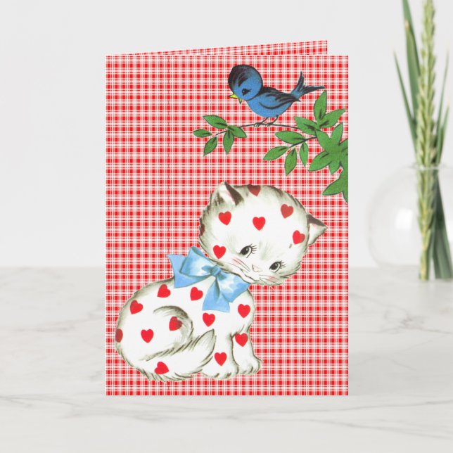 Vintage Kitty with a Bird Birthday Card (Front)