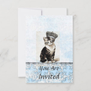 Vintage Kitty with Crown Blue Invitation