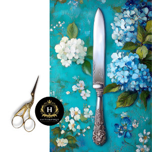 Vintage Knife with Blue Hydrangea Floral Design Tissue Paper
